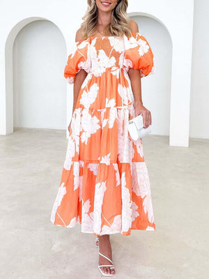 Aurohaya Unique Floral Print Patchwork Up Pleated Maxi Dress Orange
