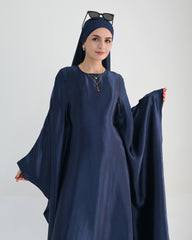 Wrinkled Satin Navy Butterfly Abaya Dress