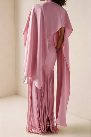 Aurohaya Cayetana Pink Fringe Maxi Dress with Cape Effect