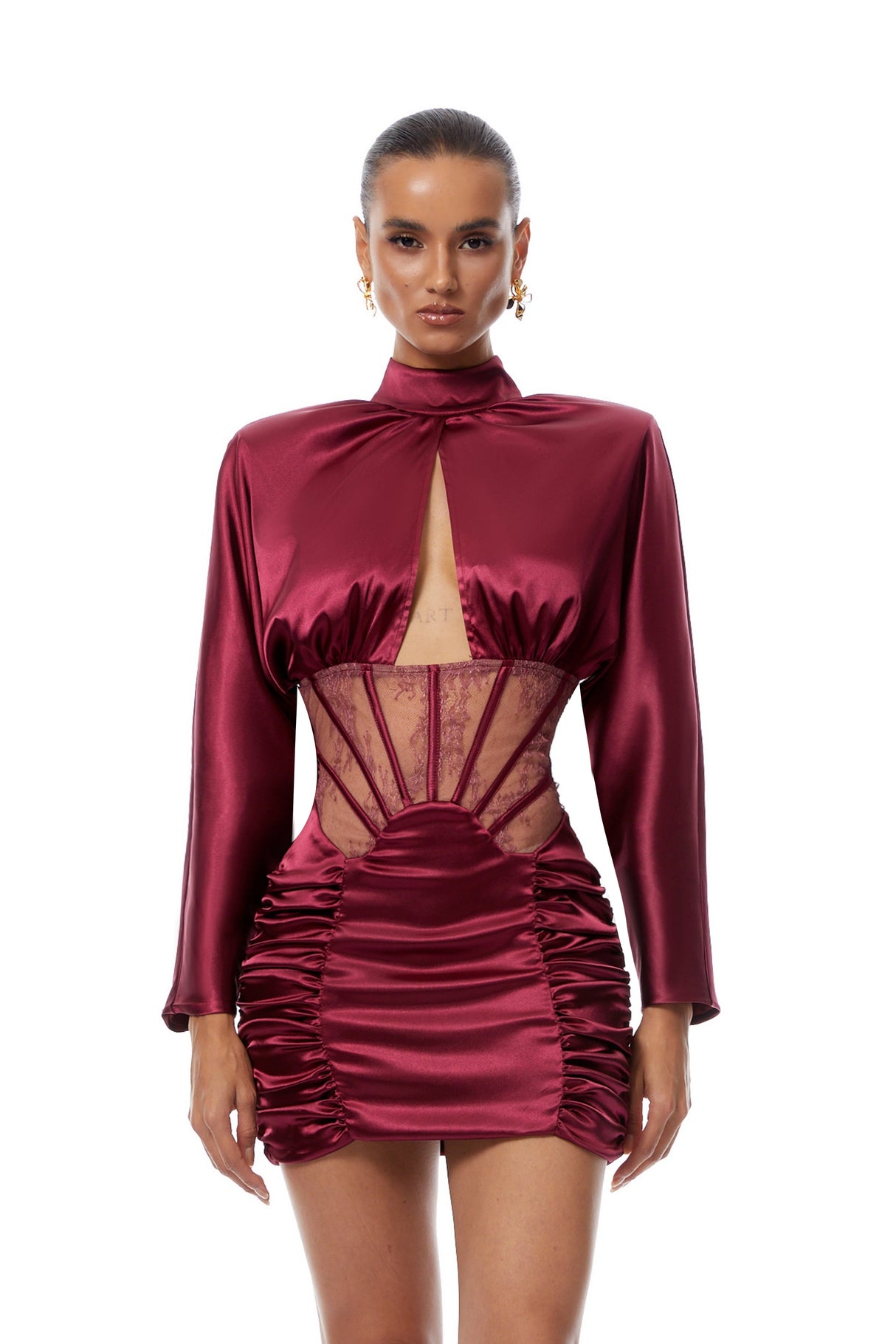Aurohaya Imelda Red Lace Tulle Panel Satin Mini Dress