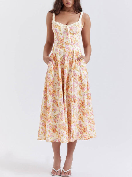 Aurohaya Suspender Patchwork Printed Lace-Up Midi Dress