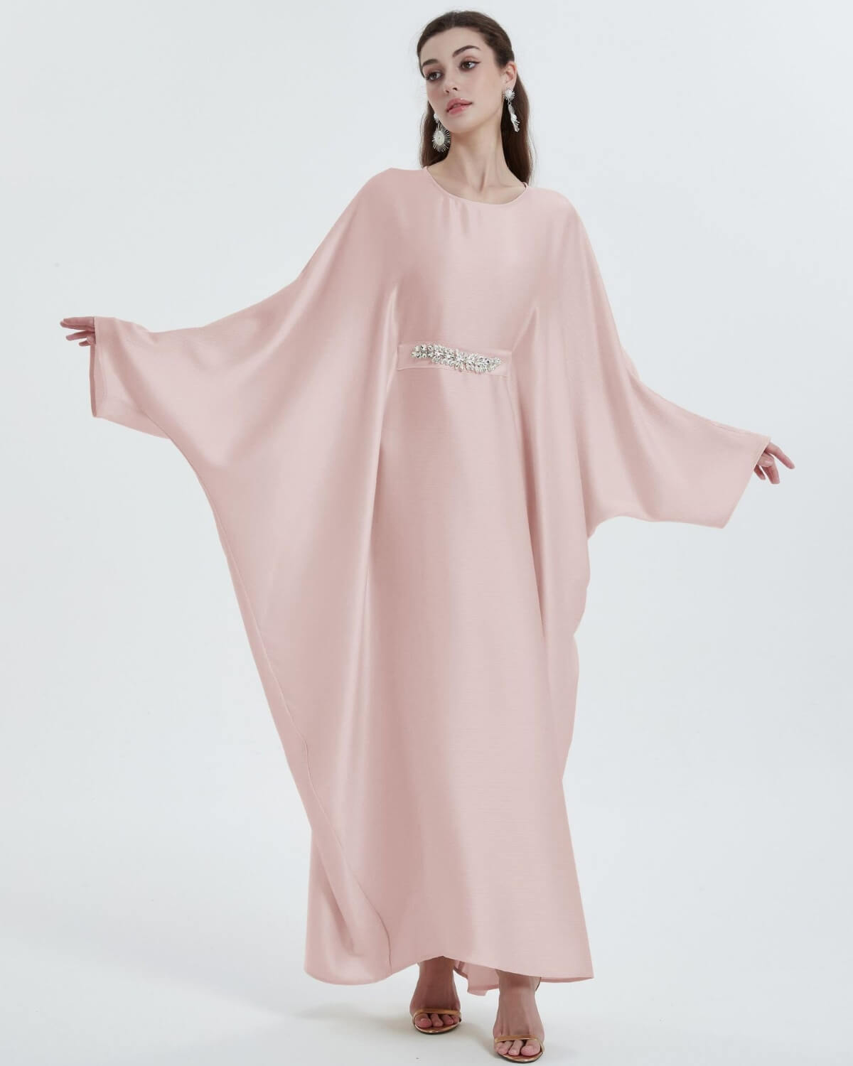 Elegant Satin Maxi Butterfly Abaya Crystal-Embellished Modest Dress
