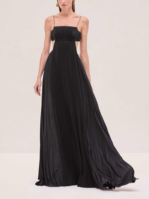 Aurohaya Elegant Pleated Cutout Flowy Party Maxi Dress Black