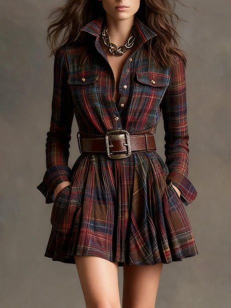 Aurohaya Vintage Lapel Red and Brown Plaid Mini Dress