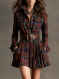 Vintage Lapel Red and Brown Plaid Mini Dress