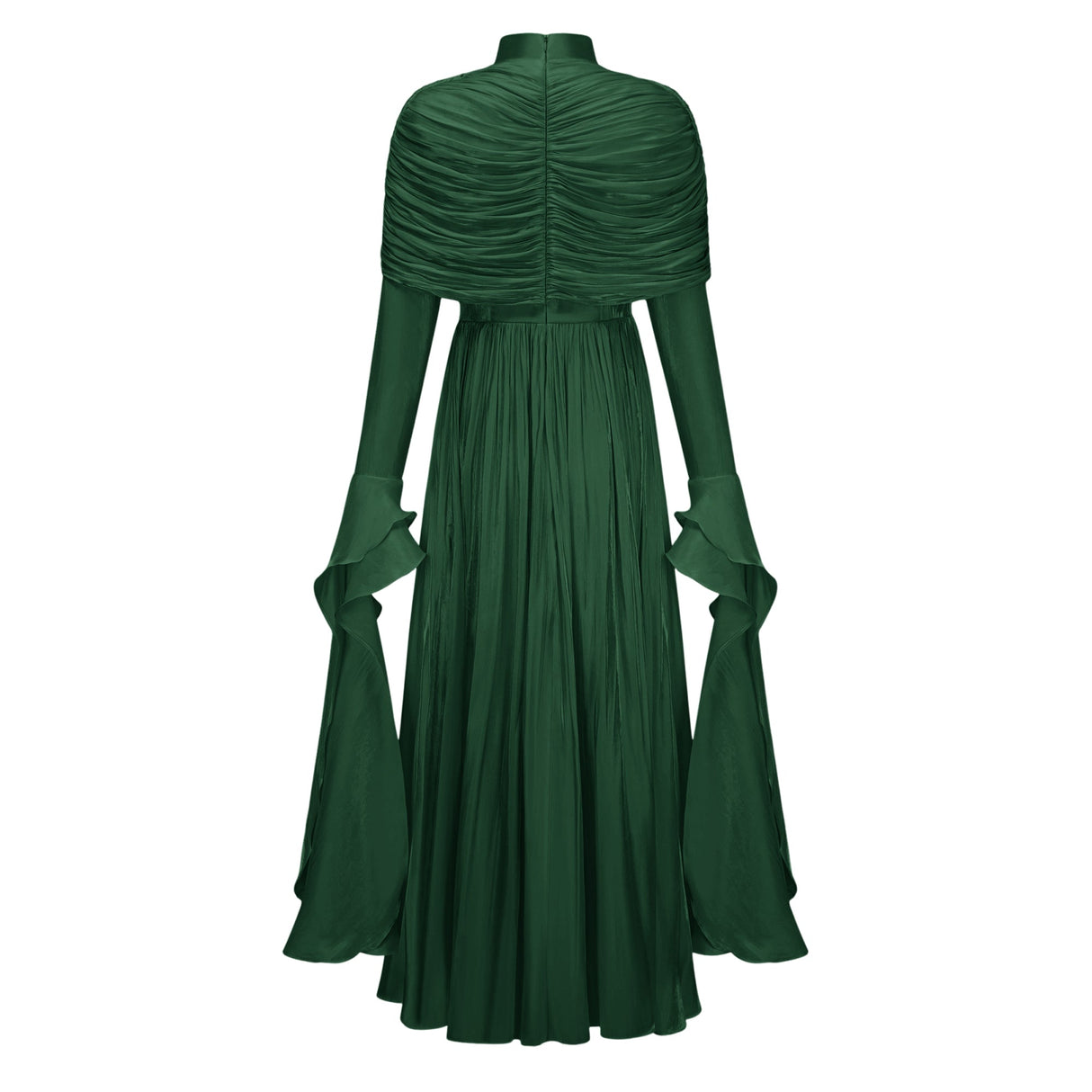 Aurohaya Gustave Green Ruched Cape Ruffled Maxi Dress