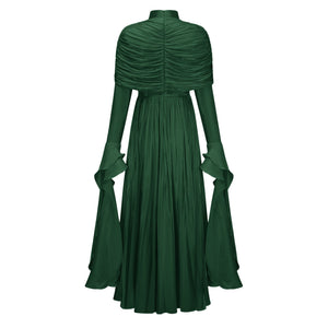 Aurohaya Gustave Green Ruched Cape Ruffled Maxi Dress