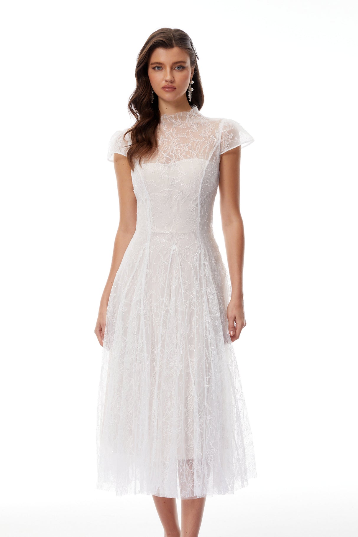 Aurohaya Velia White Lace Glitter Tulle Maxi Gown