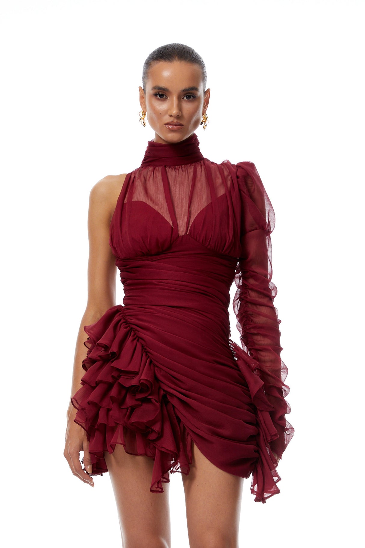Aurohaya Éléna Burgundy Asymmetrical Ruffled Tulle Mini Dress