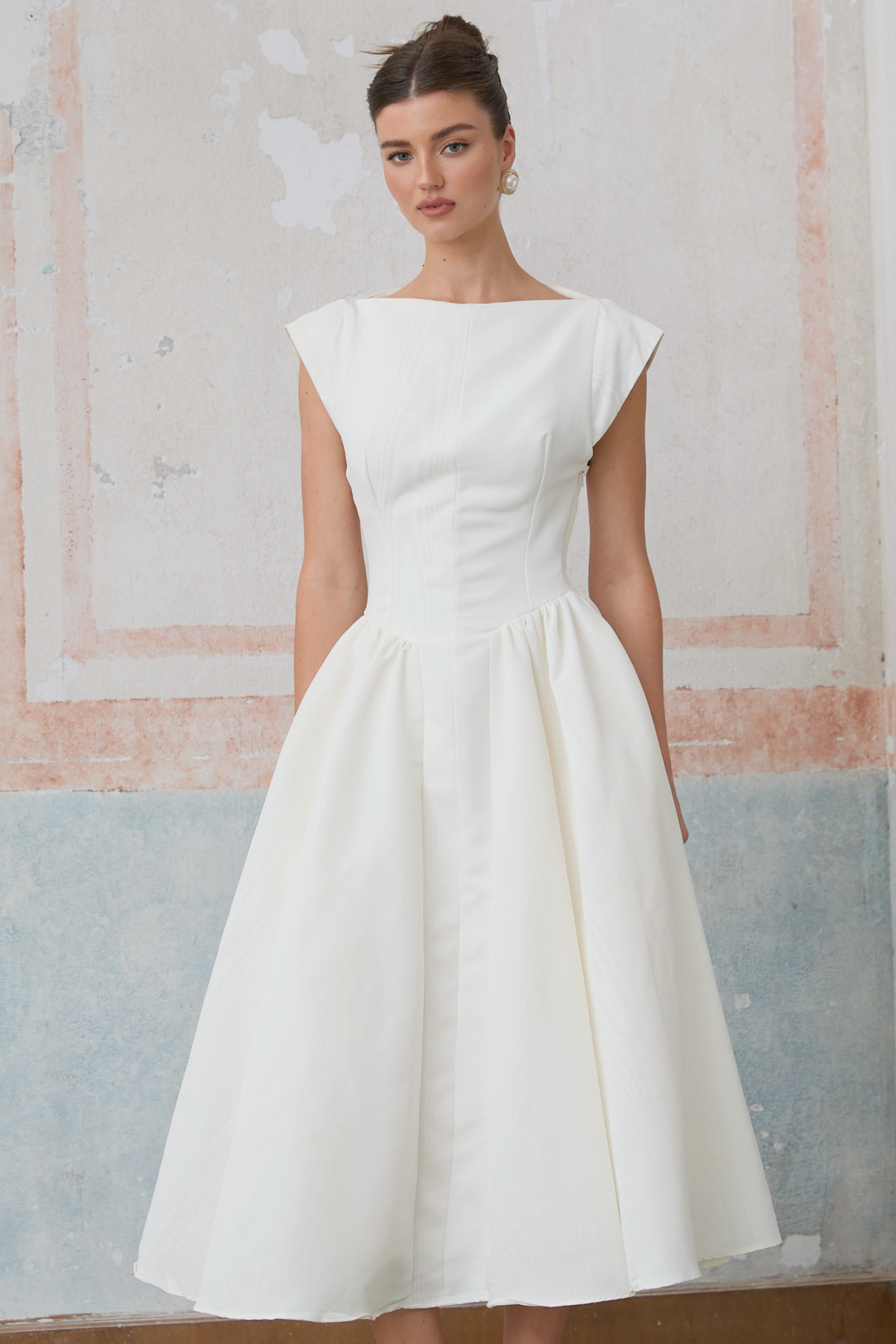 Aurohaya Amandine white open-back cap-sleeve midi dress