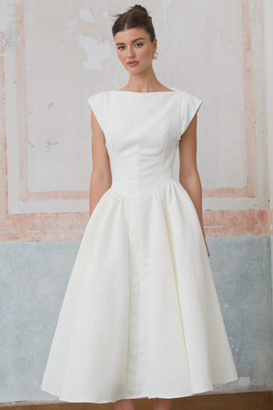 Aurohaya Amandine white open-back cap-sleeve midi dress