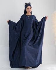Wrinkled Satin Navy Butterfly Abaya Dress