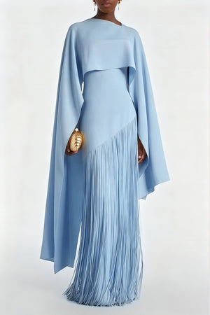 Aurohaya Cayetana Sapphire Blue Fringe Maxi Dress with Cape Effect
