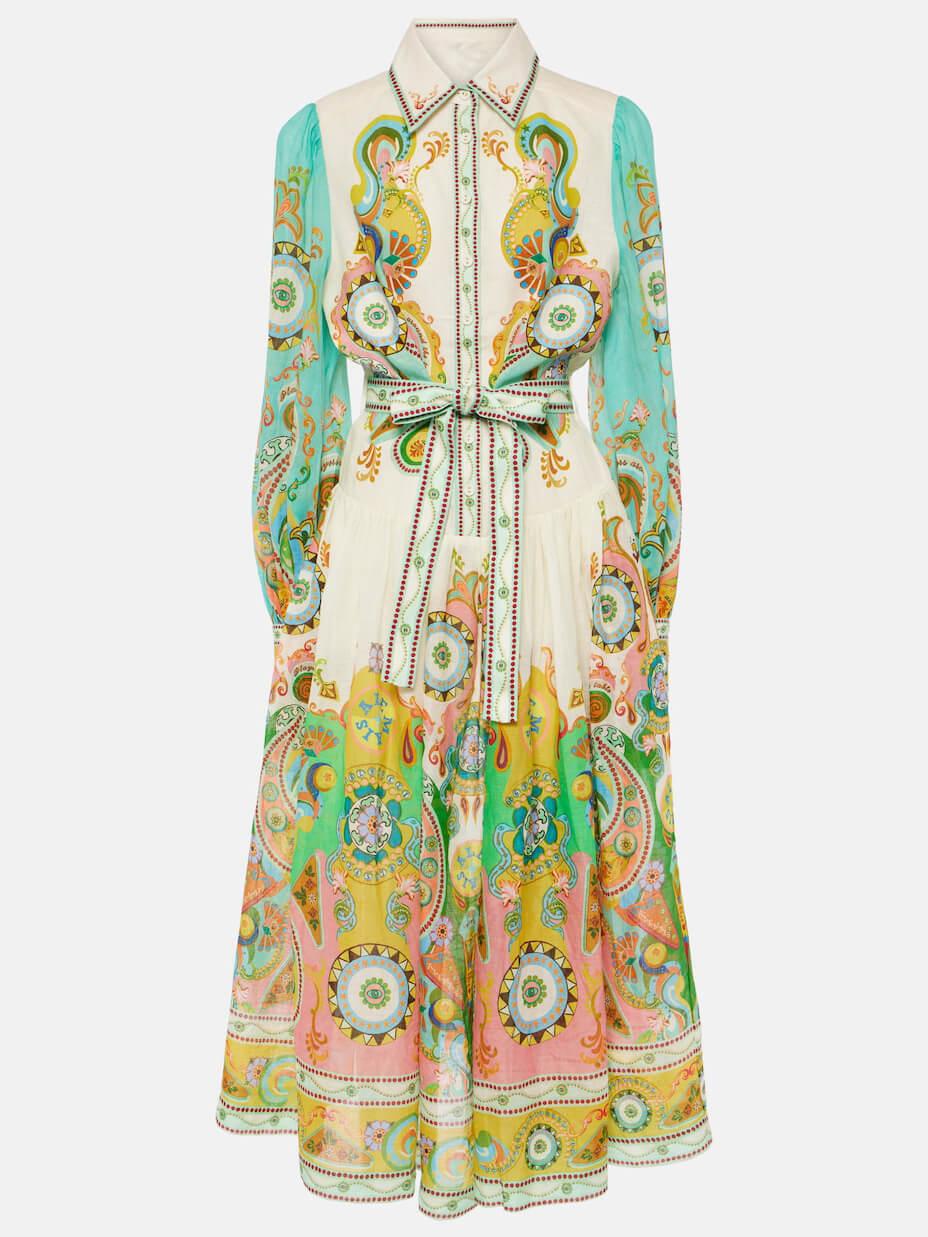 Aurohaya Unique Exquisite Fashion Print Puff Sleeve Tie Midi Dress