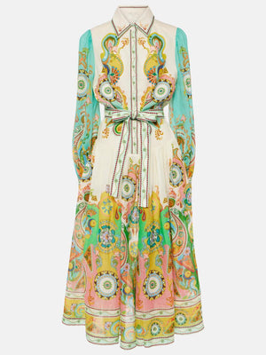 Aurohaya Unique Exquisite Fashion Print Puff Sleeve Tie Midi Dress
