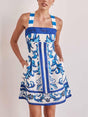 Aurohaya Exquisite Painted Floral Print Camisole Mini Dress Blue