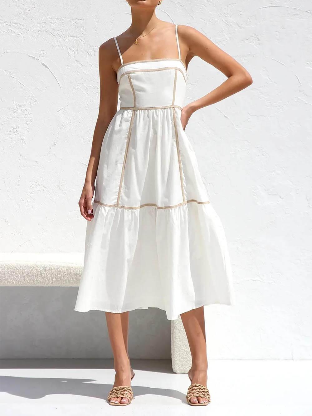 Aurohaya Contrast Color Trim Adjustable Straps Midi Dress