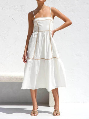 Aurohaya Contrast Color Trim Adjustable Straps Midi Dress