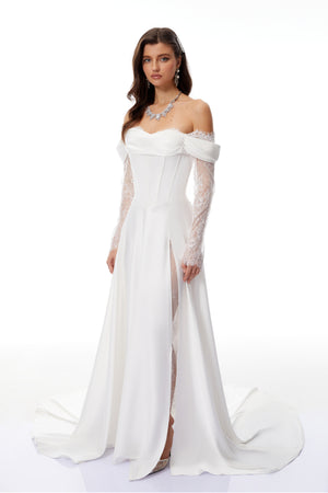 Aurohaya Víctor White Off-Shoulder Lace Panel Maxi Dress