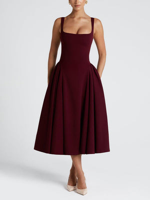 Aurohaya Elegant Retro Square Neck Slim Midi Dress