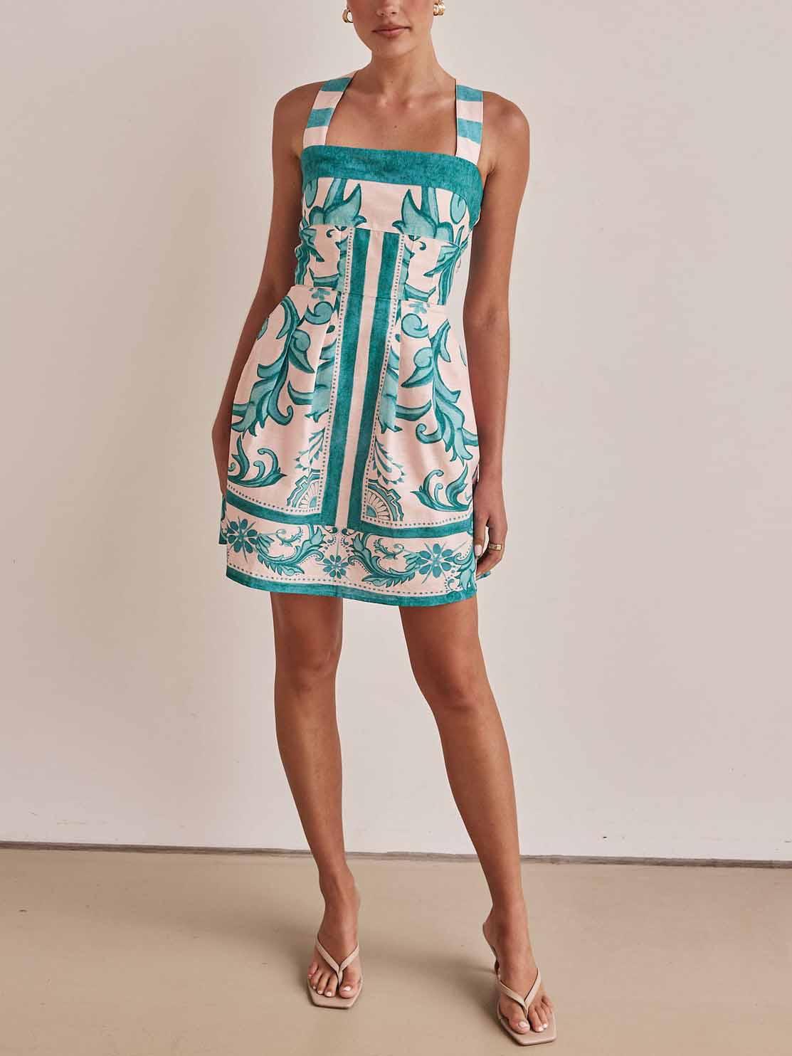Aurohaya Exquisite Painted Floral Print Camisole Mini Dress