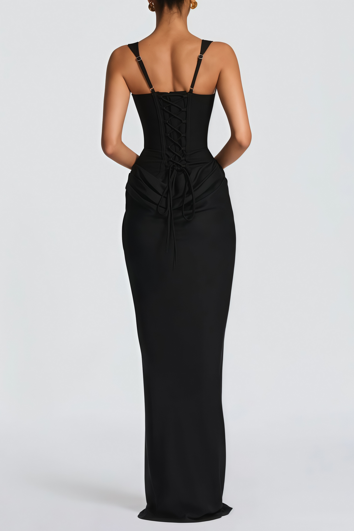 Aurohaya Paulette Black Ruched Corset Maxi Dress