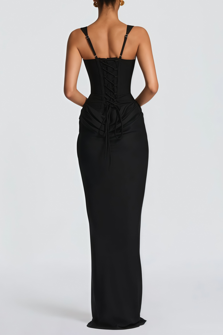 Aurohaya Paulette Black Ruched Corset Maxi Dress