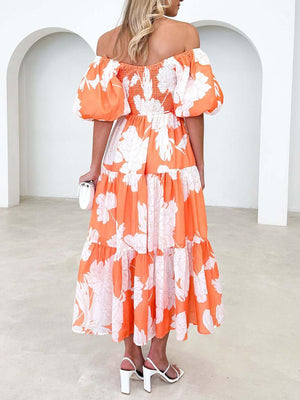 Aurohaya Unique Floral Print Patchwork Up Pleated Maxi Dress
