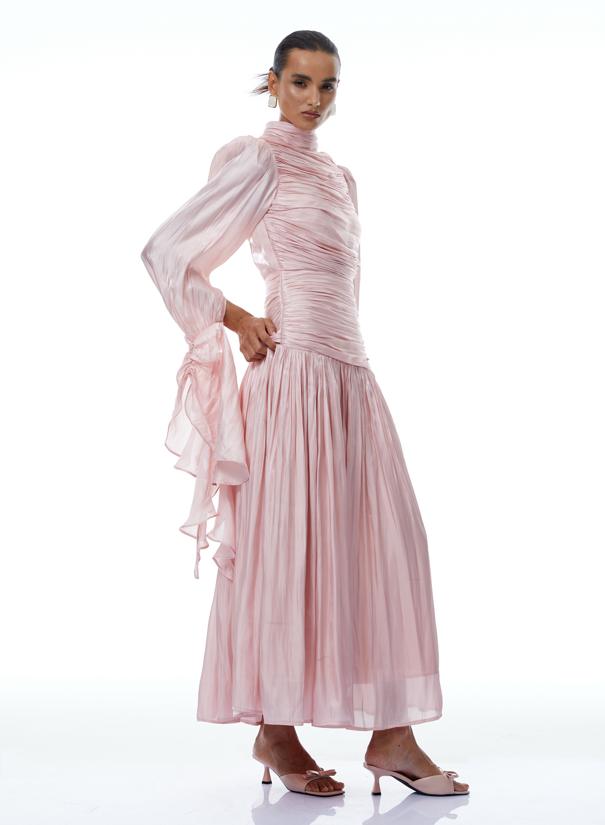 Aurohaya Sarolta Pink Glossy Ruched Maxi Dress