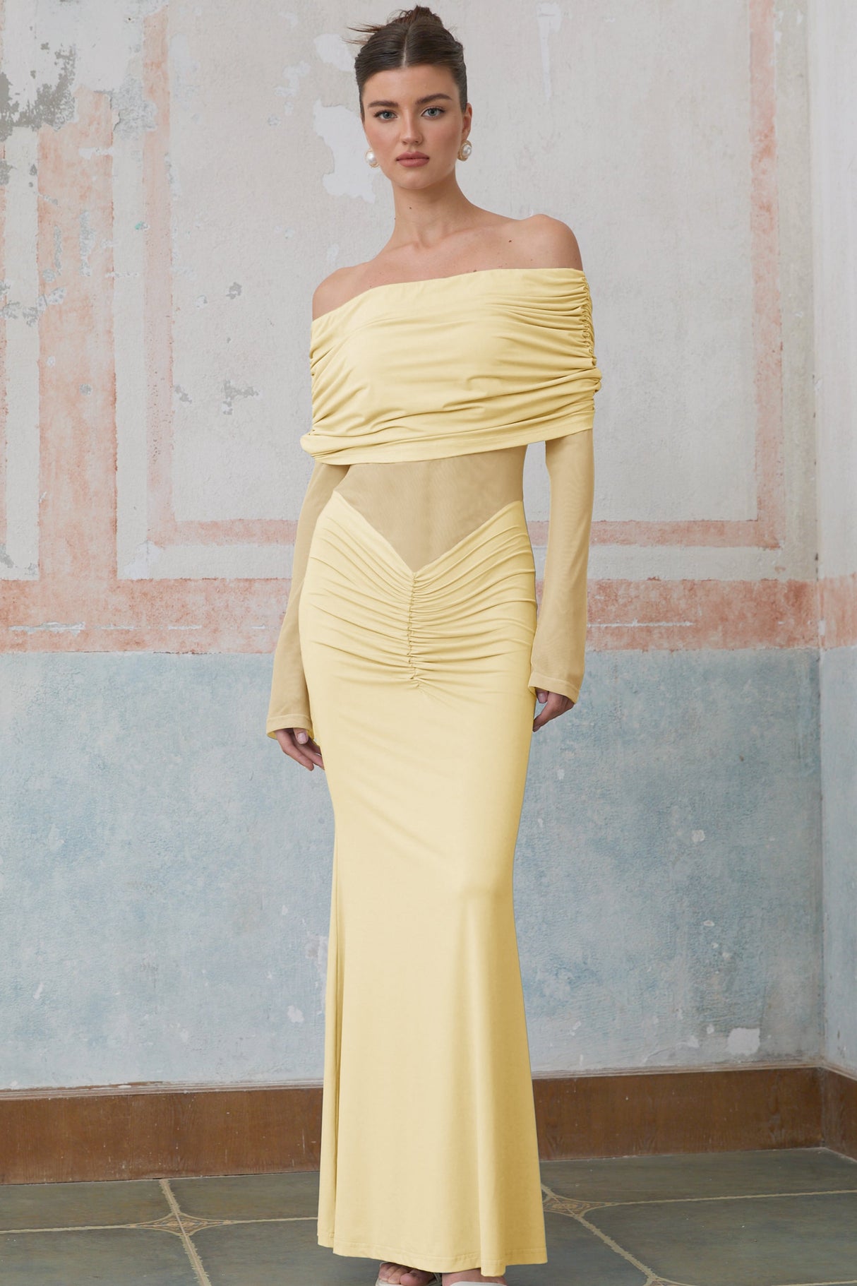 Aurohaya Ninon Yellow Off Shoulder Ruched Maxi Dress