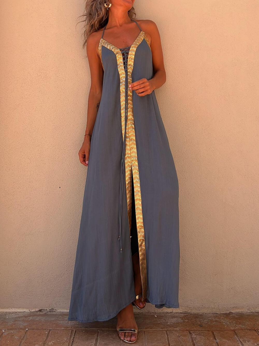 Aurohaya Halter Neck Casual Resort Maxi Dress Gray