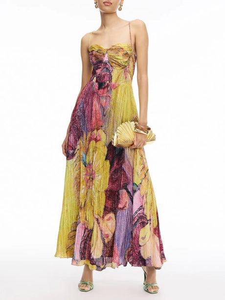 Aurohaya Vintage Art Hand-Painted Floral Print Pleated Maxi Dress