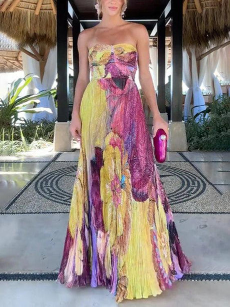 Aurohaya Vintage Art Hand-Painted Floral Print Pleated Maxi Dress Multi