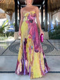 Aurohaya Vintage Art Hand-Painted Floral Print Pleated Maxi Dress Multi