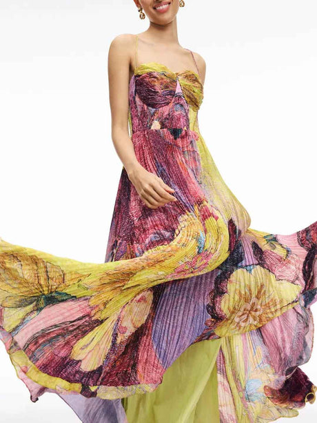 Aurohaya Vintage Art Hand-Painted Floral Print Pleated Maxi Dress