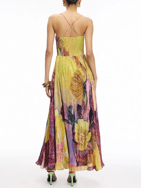 Aurohaya Vintage Art Hand-Painted Floral Print Pleated Maxi Dress