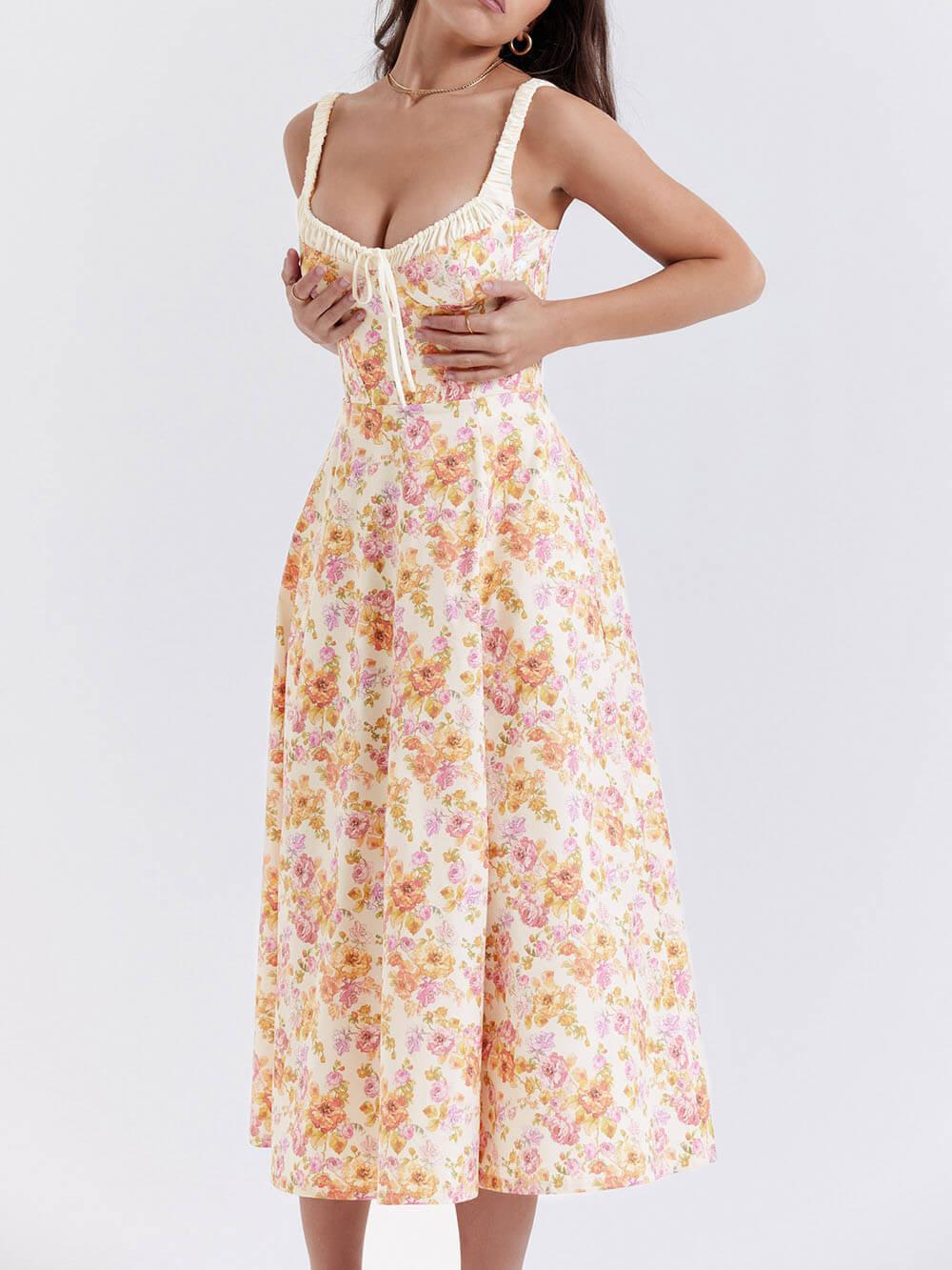 Aurohaya Suspender Patchwork Printed Lace-Up Midi Dress