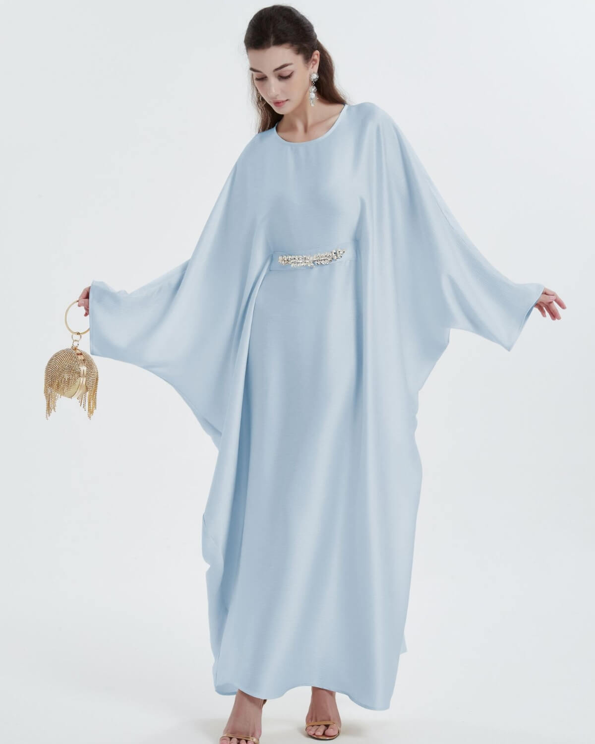 Elegant Satin Maxi Butterfly Abaya Crystal-Embellished Modest Dress