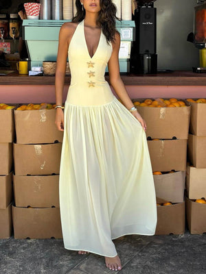 Aurohaya Fashion Halterneck Lace-up Deep V-neck Backless Maxi Dress Yellow