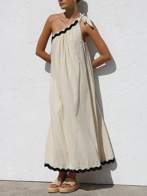 Aurohaya Classic Contrast Lace One-shoulder Spaghetti Strap Midi Dress Beige