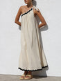 Aurohaya Classic Contrast Lace One-shoulder Spaghetti Strap Midi Dress Beige