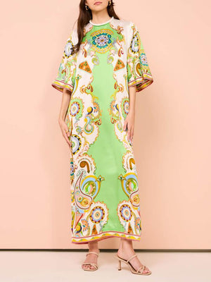 Aurohaya Unique Cashew Floral Print Loose Midi Dress Multi-Color