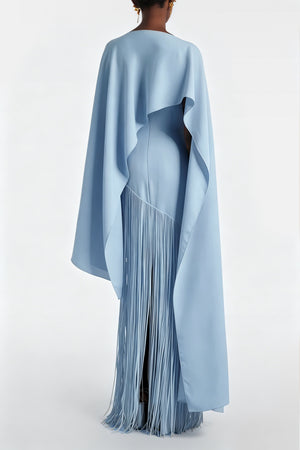Aurohaya Cayetana Sapphire Blue Fringe Maxi Dress with Cape Effect