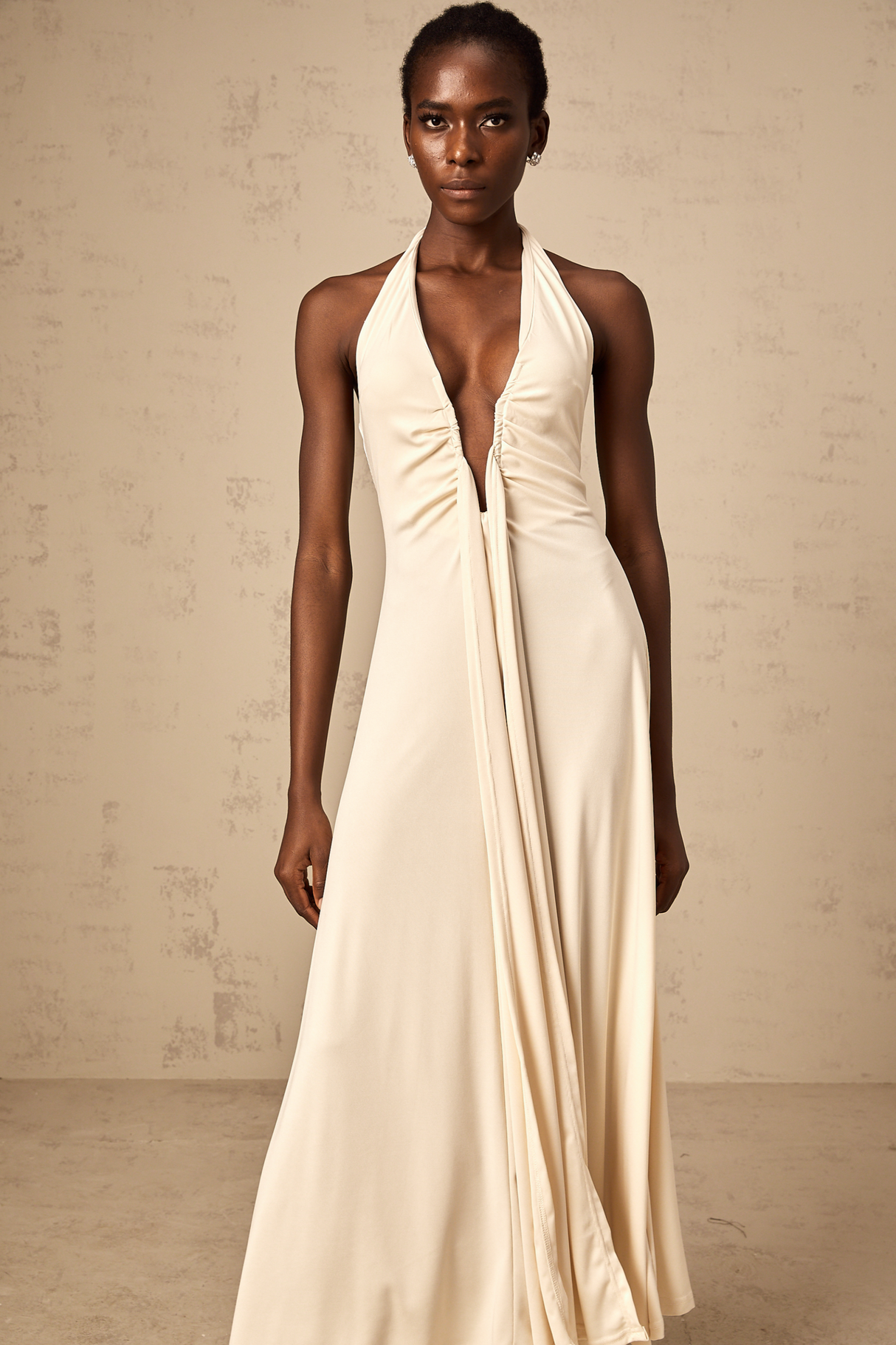 Aurohaya Géraldine white deep V-neck draped maxi dress