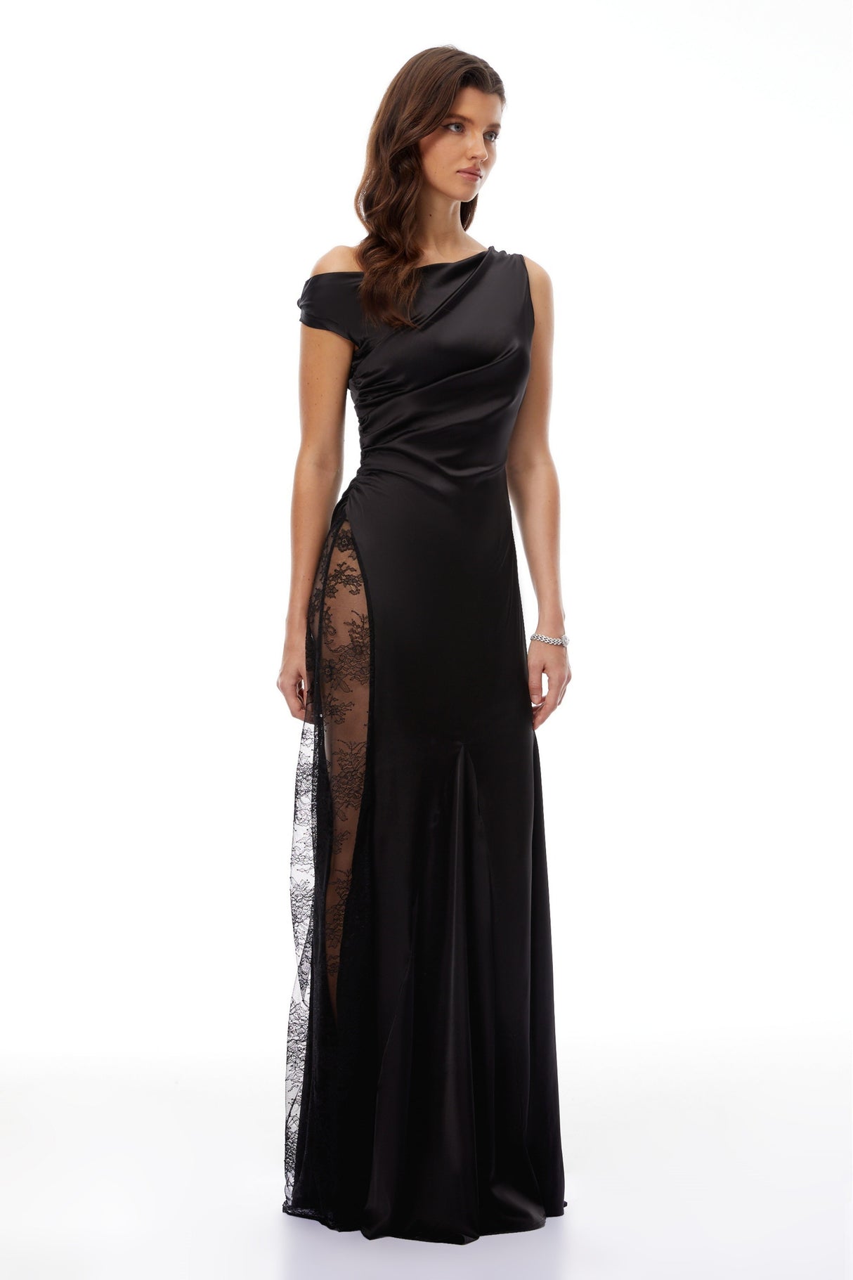 Aurohaya Hazel Black Lace Panel Satin Maxi Dress