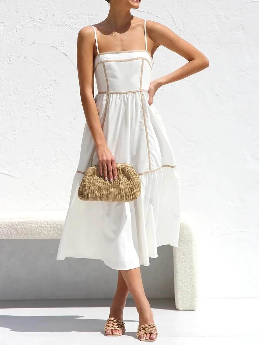 Aurohaya Contrast Color Trim Adjustable Straps Midi Dress White