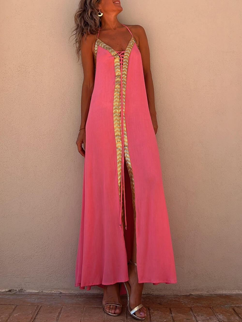 Aurohaya Halter Neck Casual Resort Maxi Dress Watermelon Red