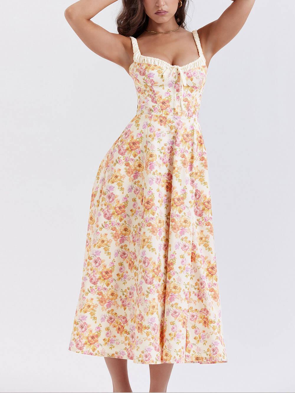 Aurohaya Suspender Patchwork Printed Lace-Up Midi Dress