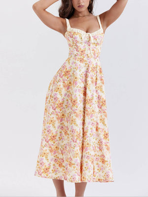 Aurohaya Suspender Patchwork Printed Lace-Up Midi Dress