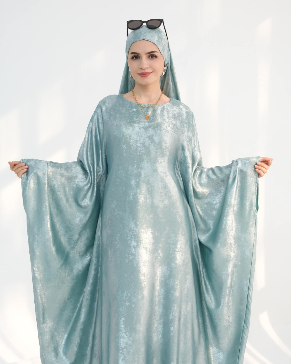 Satin Batwing Light Blue Butterfly Abaya with Hijab